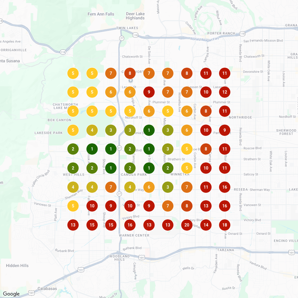 Local search ranking grid for Dr. Greenthumb's in Canoga Park, showing rank position at each map point