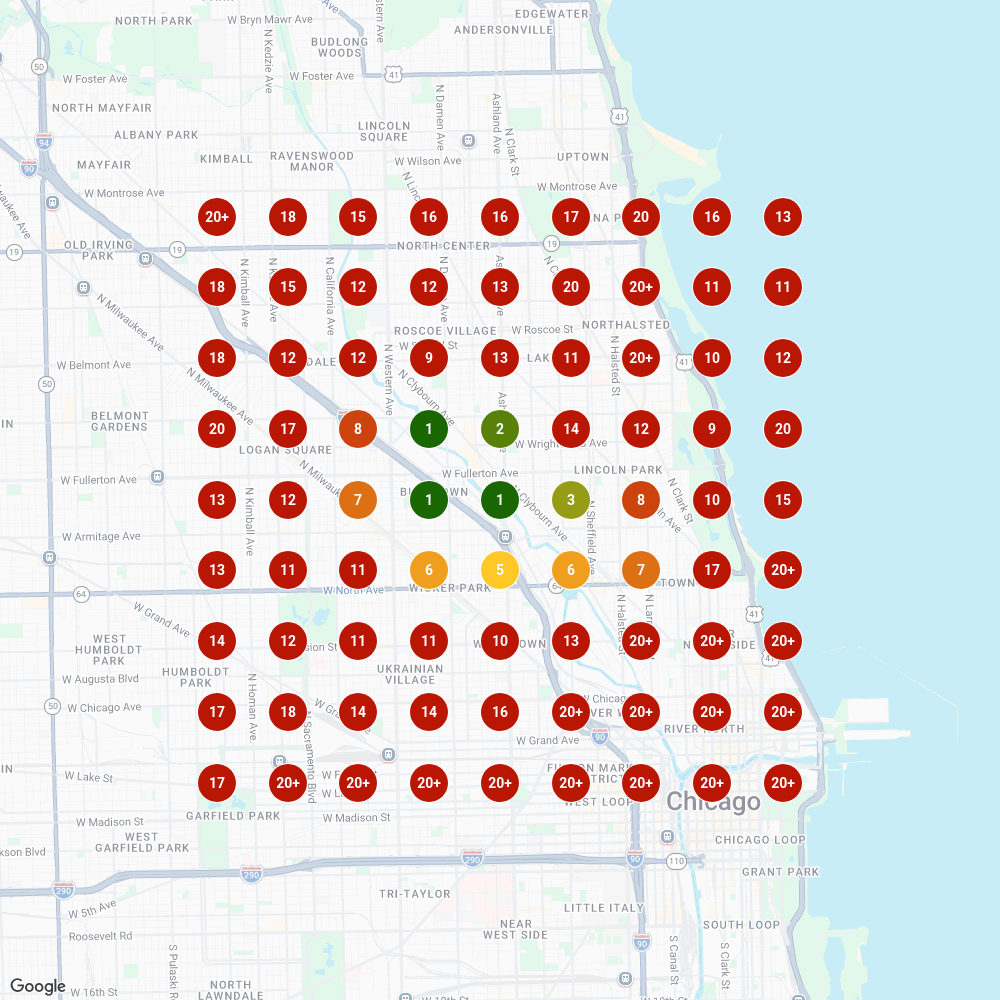 Local search ranking grid for Dr. Greenthumb's in Chicago, showing rank position at each map point