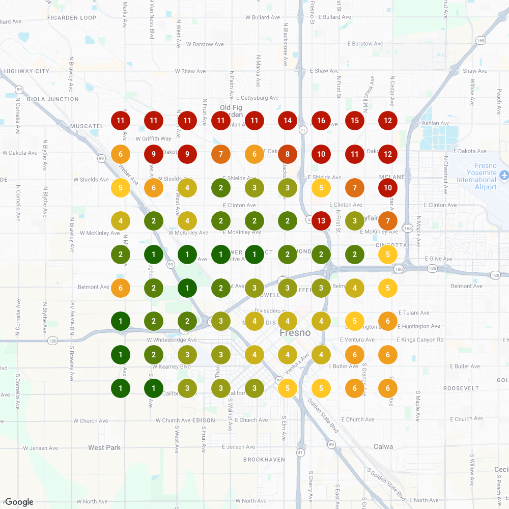 Local search ranking grid for Dr. Greenthumb's in Fresno, showing rank position at each map point