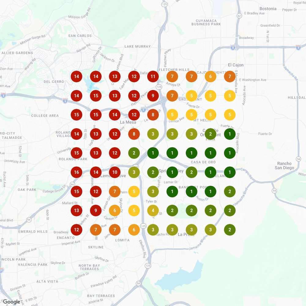 Local search ranking grid for Dr. Greenthumb's in La Mesa, showing rank position at each map point